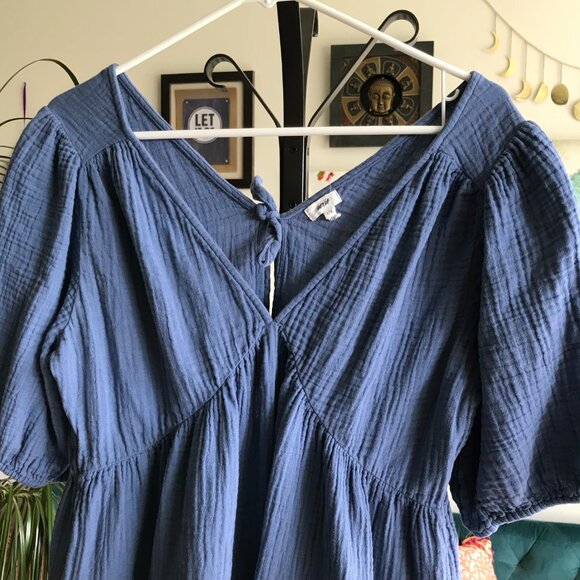 AERIE size L Blue Gauzy Cotton Tiered Peasant Mini Dress Boho Bohemian - Picture 2 of 4